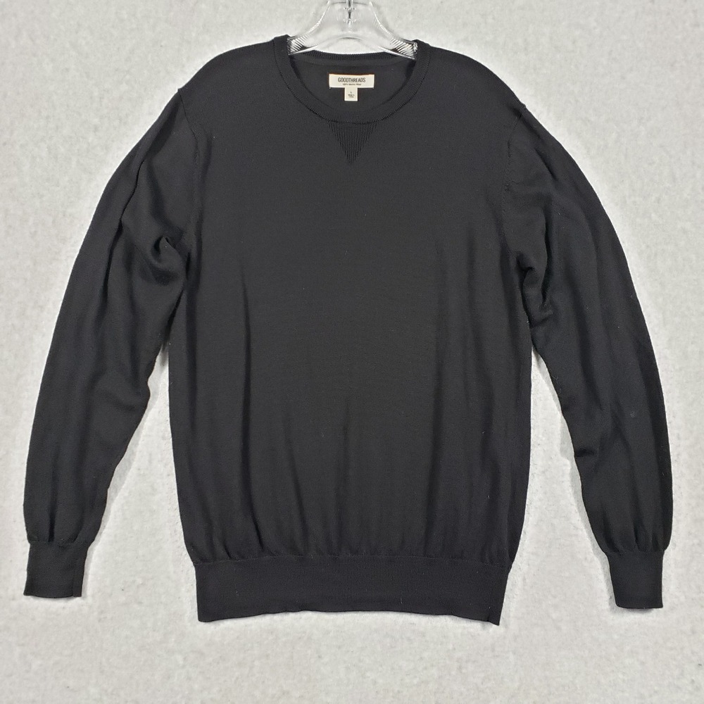 Goodthreads Mens Sweater L Black 100% Merino Wool Crewneck Pullover MGT35009FL18